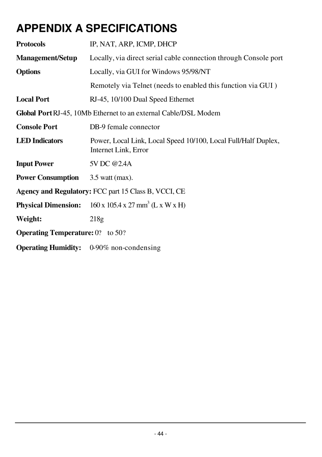 TRENDnet TW100-W1CA user manual Appendix a Specifications 