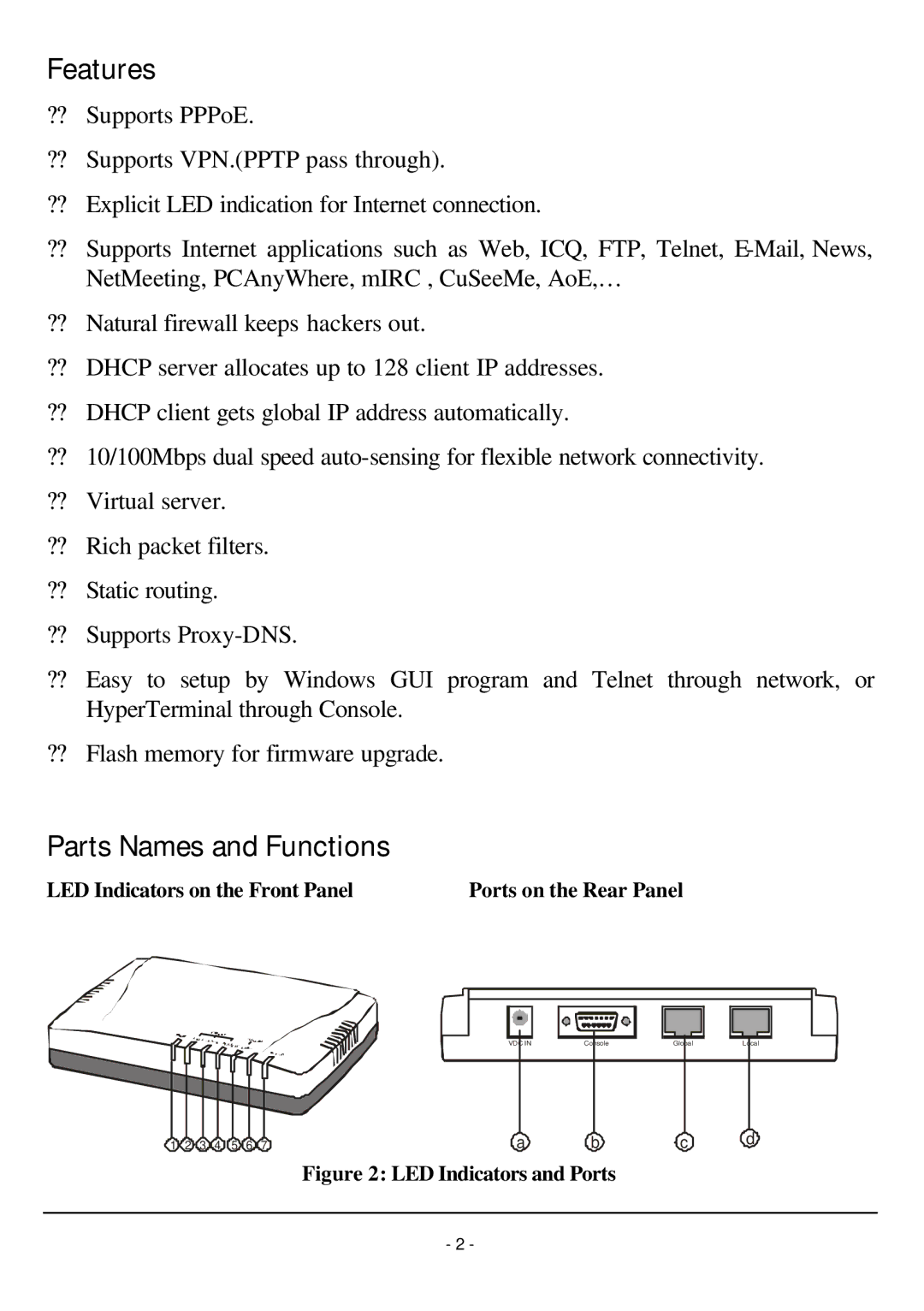 TRENDnet TW100-W1CA Features, Parts Names and Functions, LED Indicators on the Front Panel Ports on the Rear Panel 