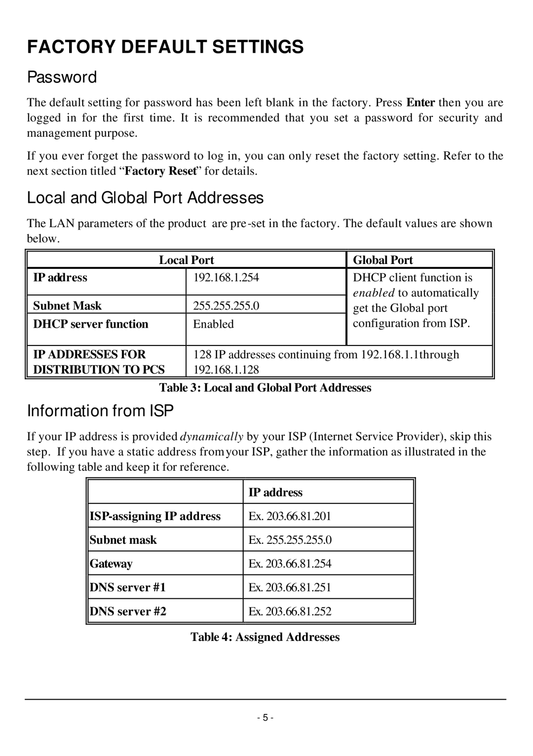 TRENDnet TW100-W1CA user manual Factory Default Settings, Password, Local and Global Port Addresses, Information from ISP 