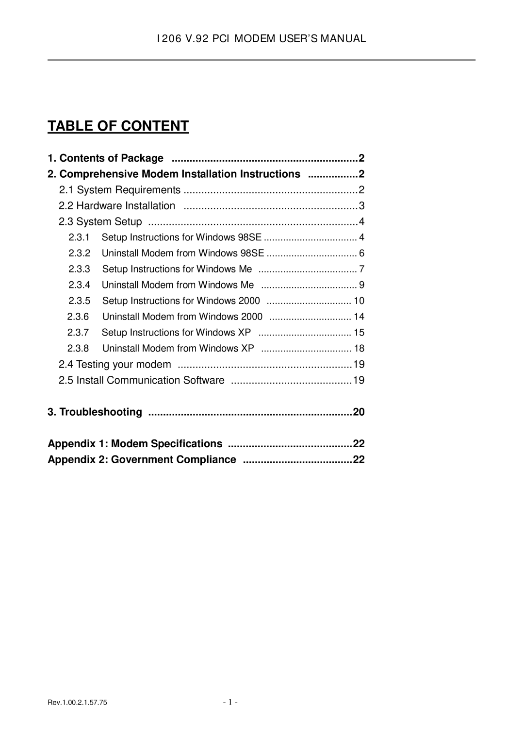 TRENDnet 1206, v.92 PCI MODEM user manual Table of Content 