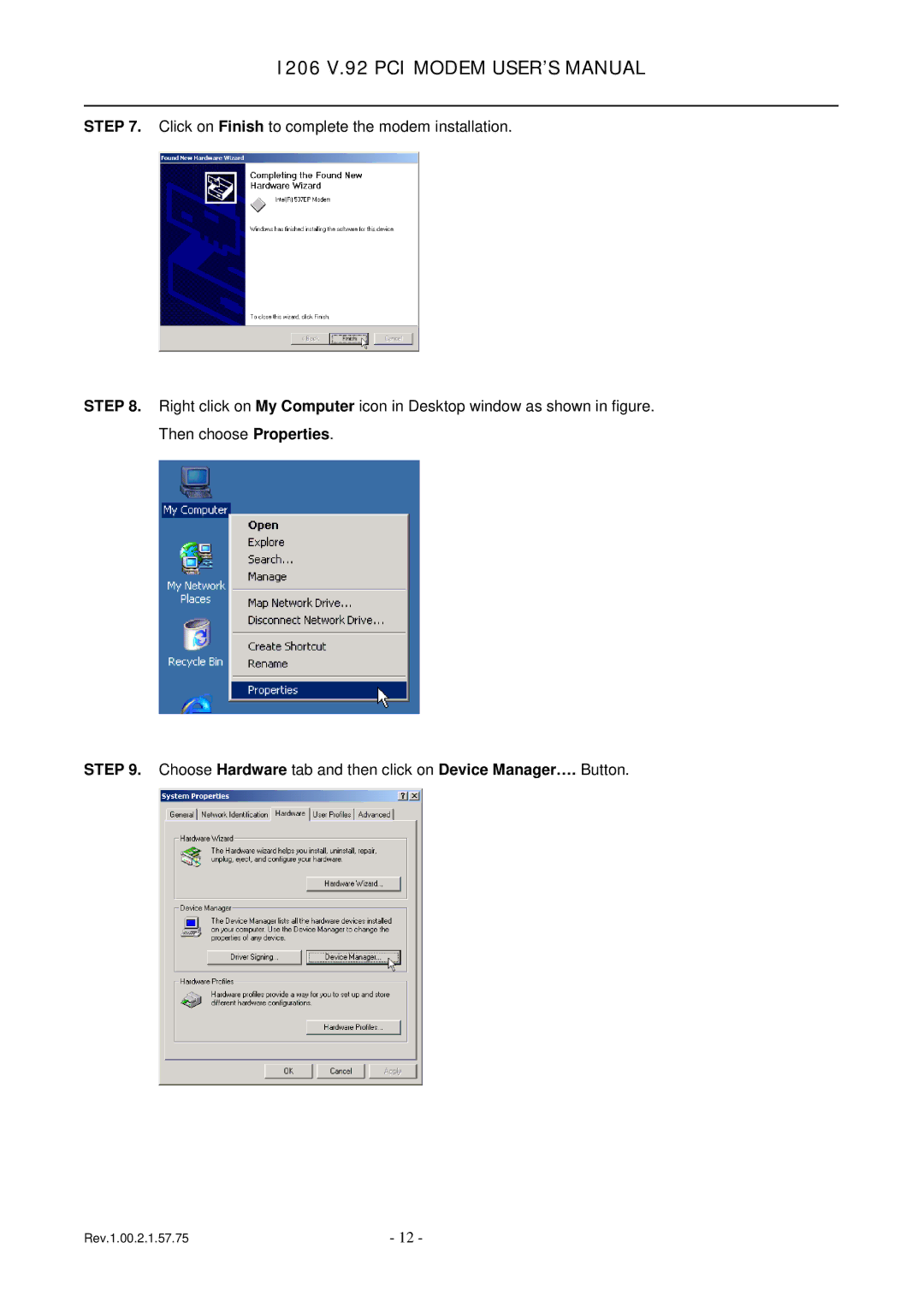 TRENDnet v.92 PCI MODEM, 1206 user manual I206 V.92 PCI Modem USER’S Manual 