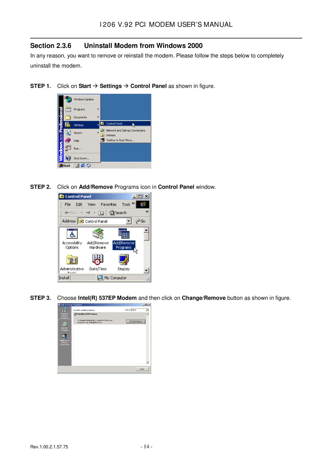 TRENDnet v.92 PCI MODEM, 1206 user manual Uninstall Modem from Windows 