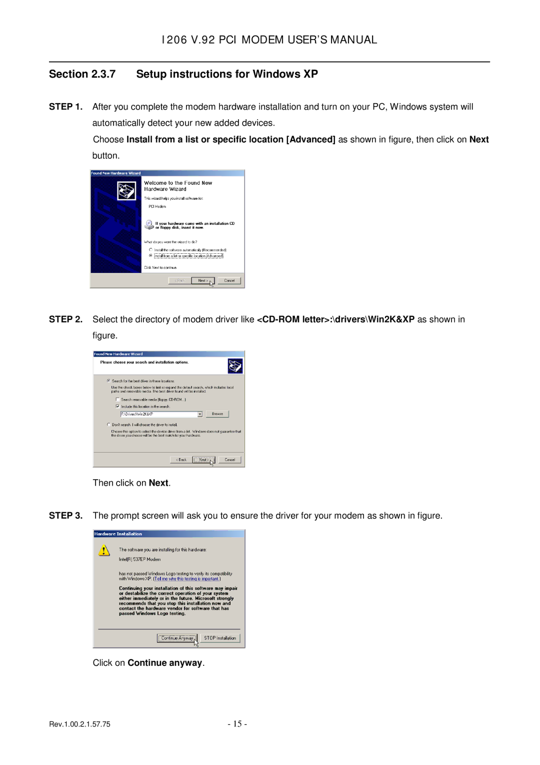 TRENDnet 1206, v.92 PCI MODEM user manual Setup instructions for Windows XP, Click on Continue anyway 