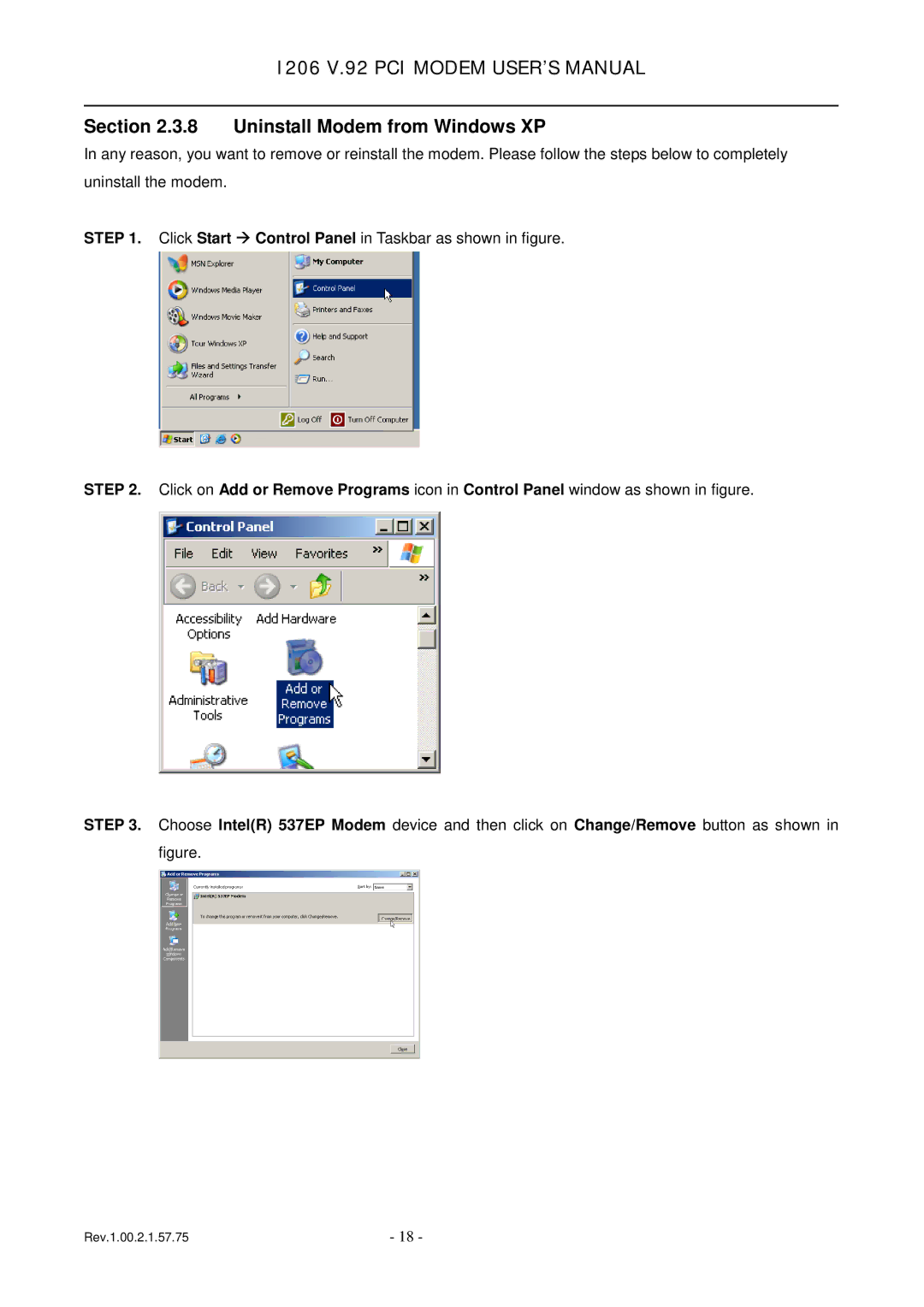 TRENDnet v.92 PCI MODEM, 1206 user manual Uninstall Modem from Windows XP 