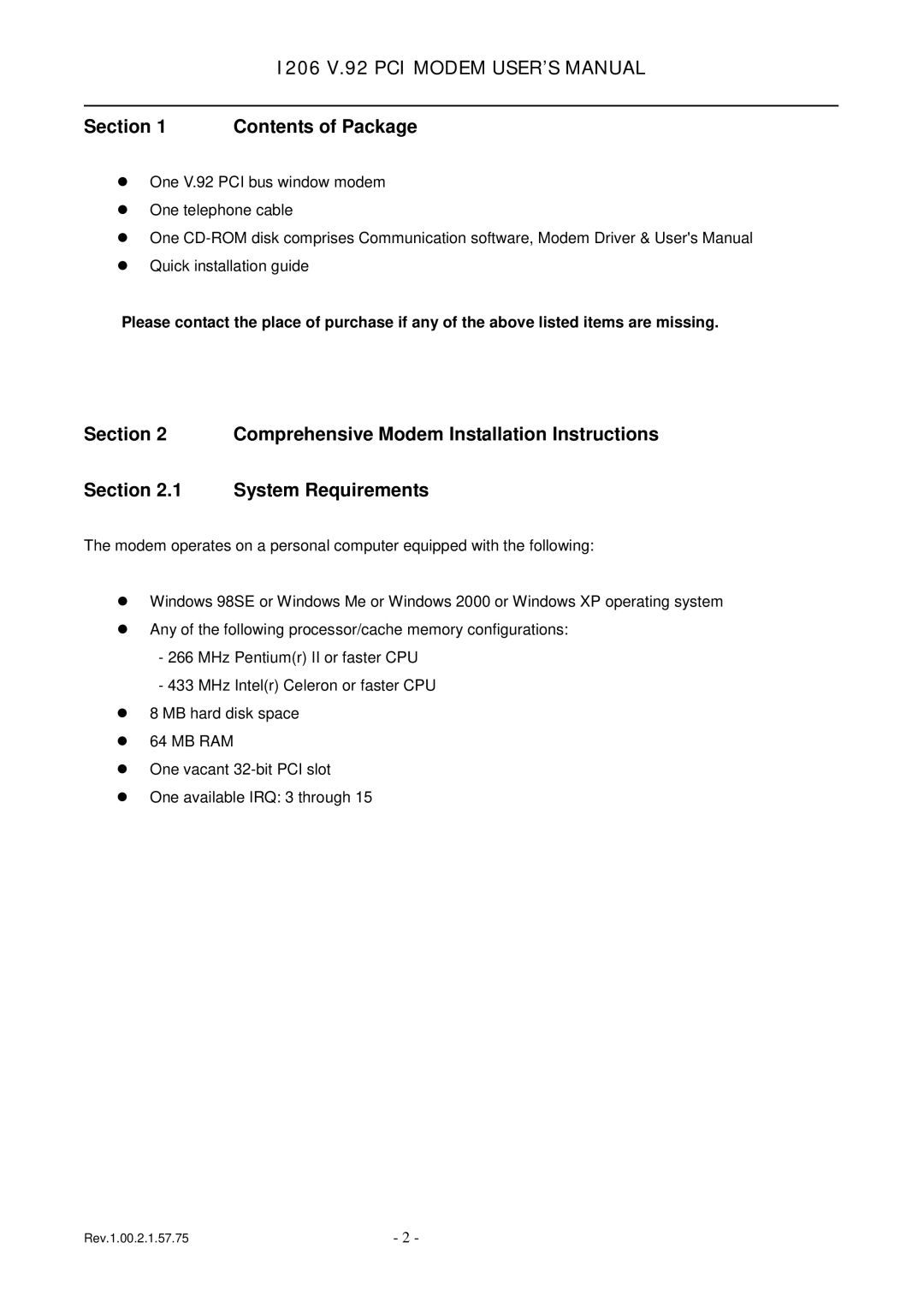 TRENDnet v.92 PCI MODEM, 1206 user manual Contents of Package 