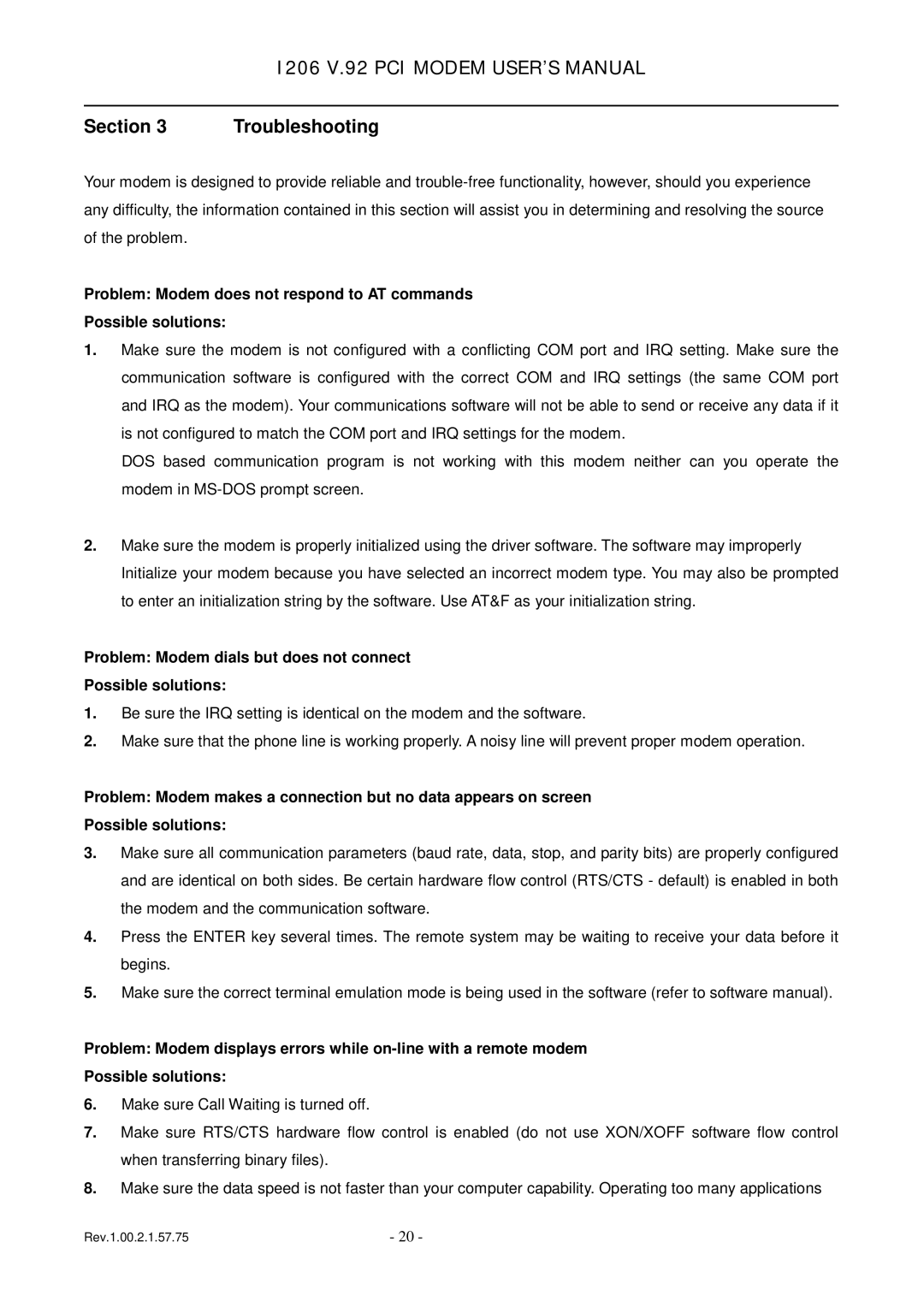 TRENDnet v.92 PCI MODEM, 1206 user manual Section, Problem Modem dials but does not connect Possible solutions 