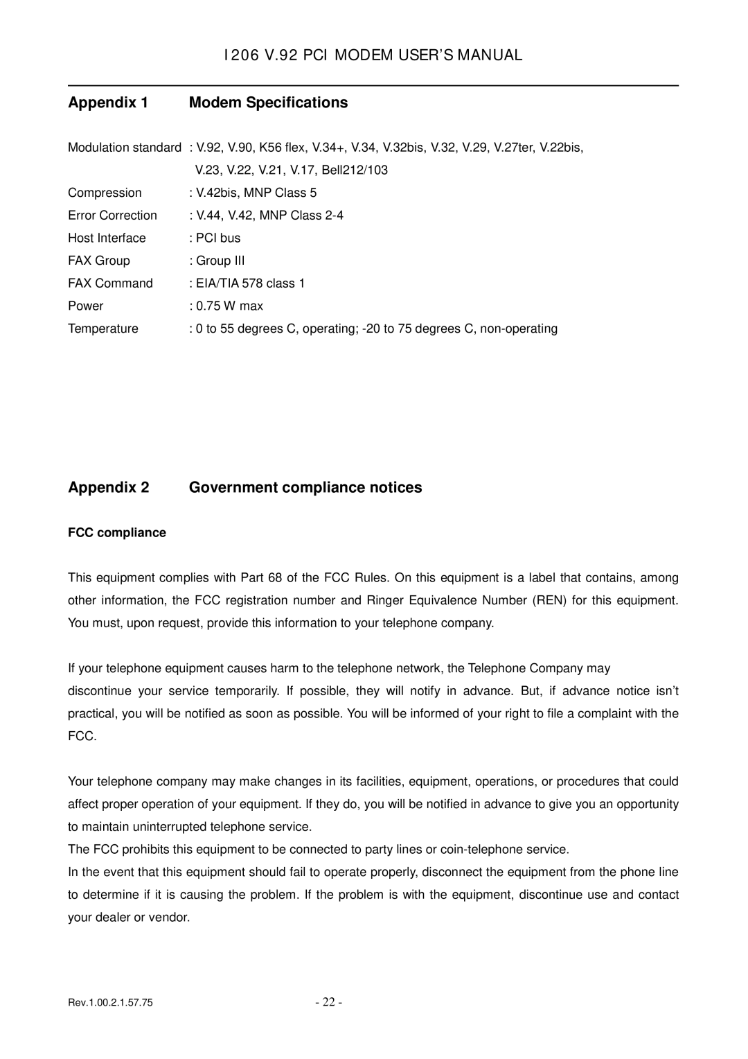 TRENDnet v.92 PCI MODEM, 1206 Appendix Modem Specifications, Appendix 2 Government compliance notices, FCC compliance 