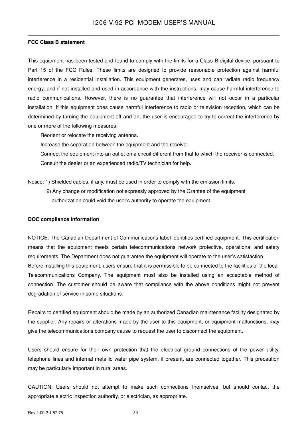 TRENDnet 1206, v.92 PCI MODEM user manual FCC Class B statement, DOC compliance information 