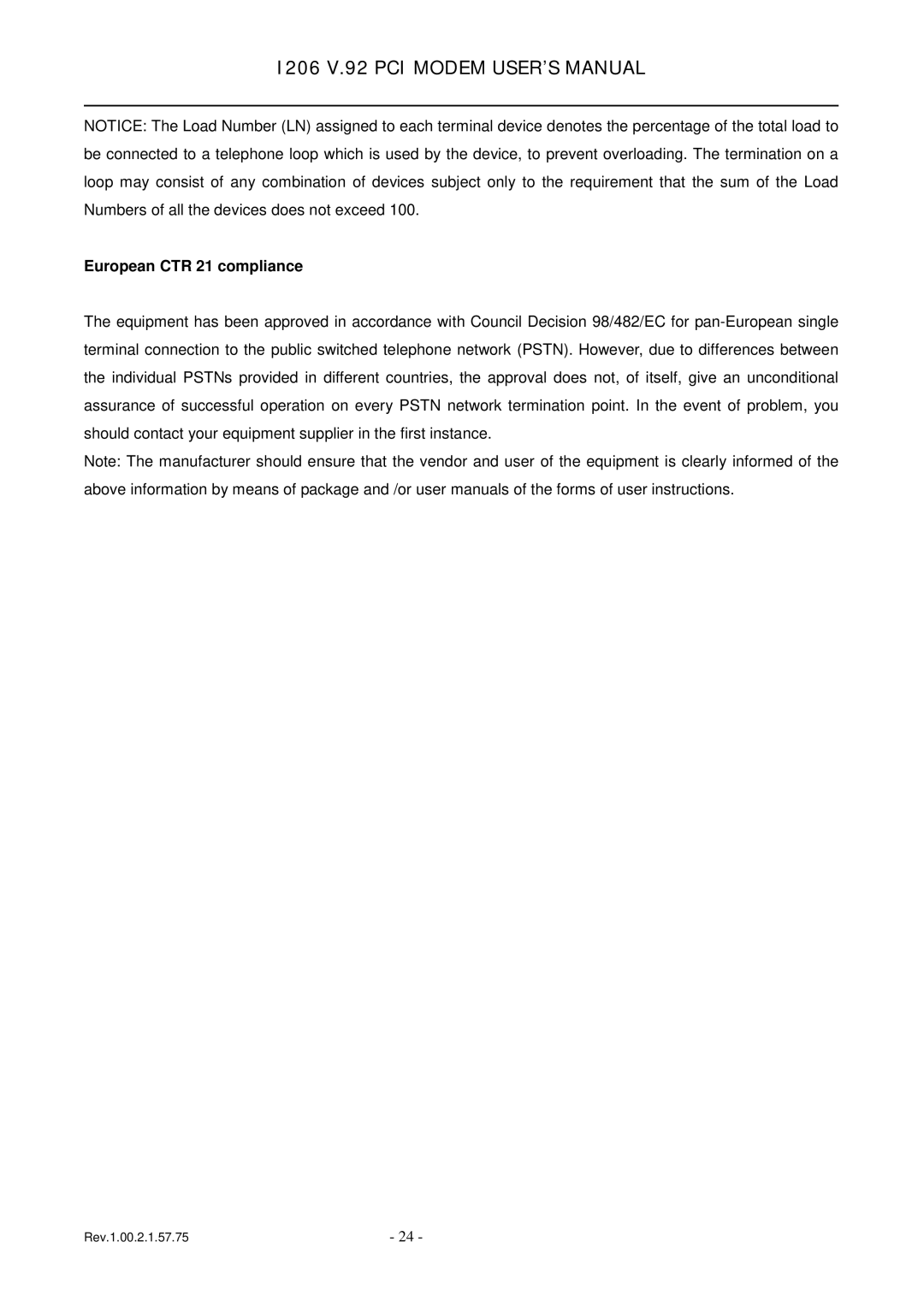 TRENDnet v.92 PCI MODEM, 1206 user manual European CTR 21 compliance 