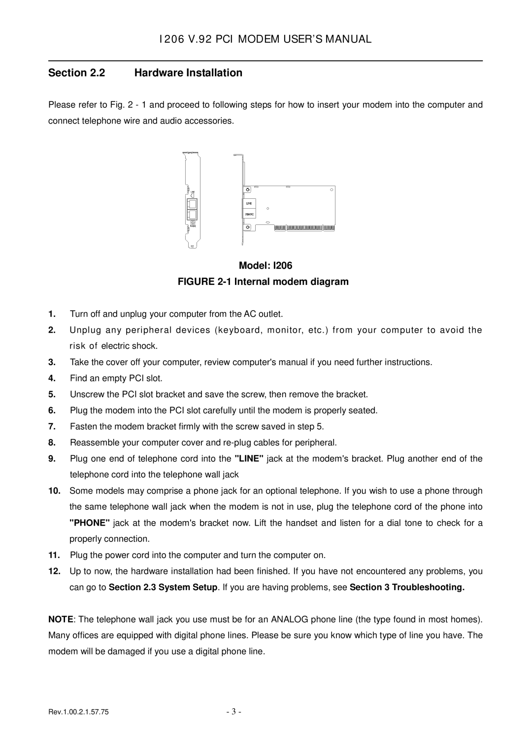 TRENDnet 1206, v.92 PCI MODEM user manual Hardware Installation, Model 