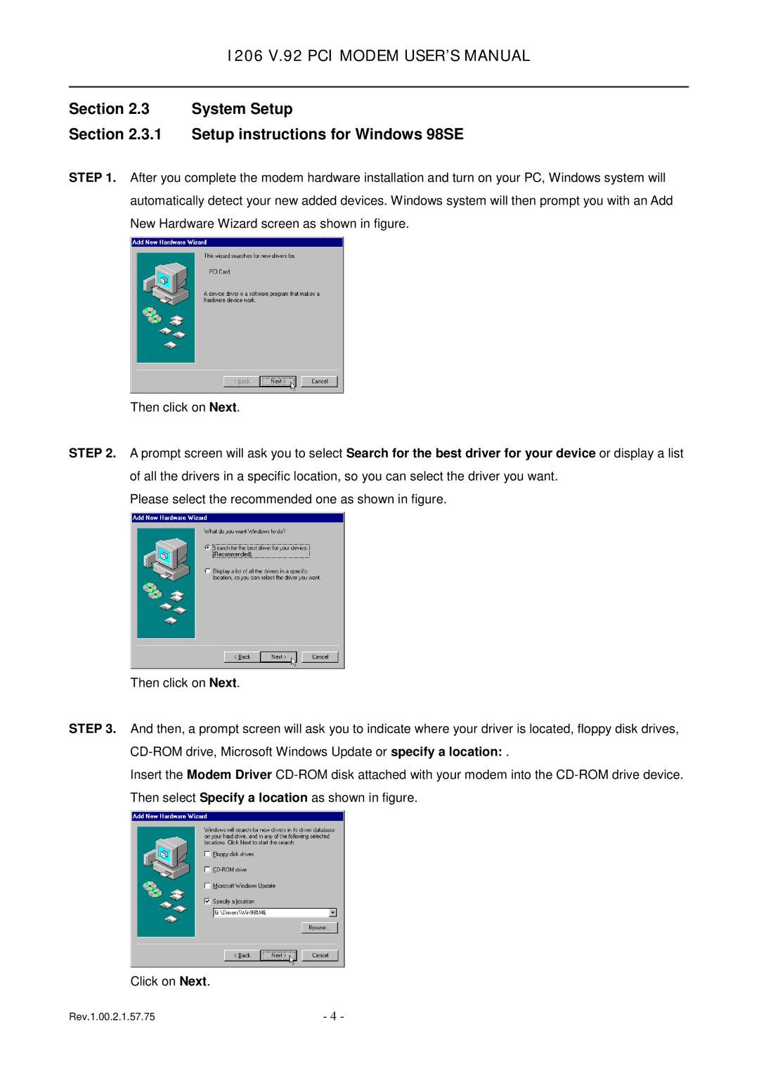 TRENDnet v.92 PCI MODEM, 1206 user manual Section System Setup Setup instructions for Windows 98SE 