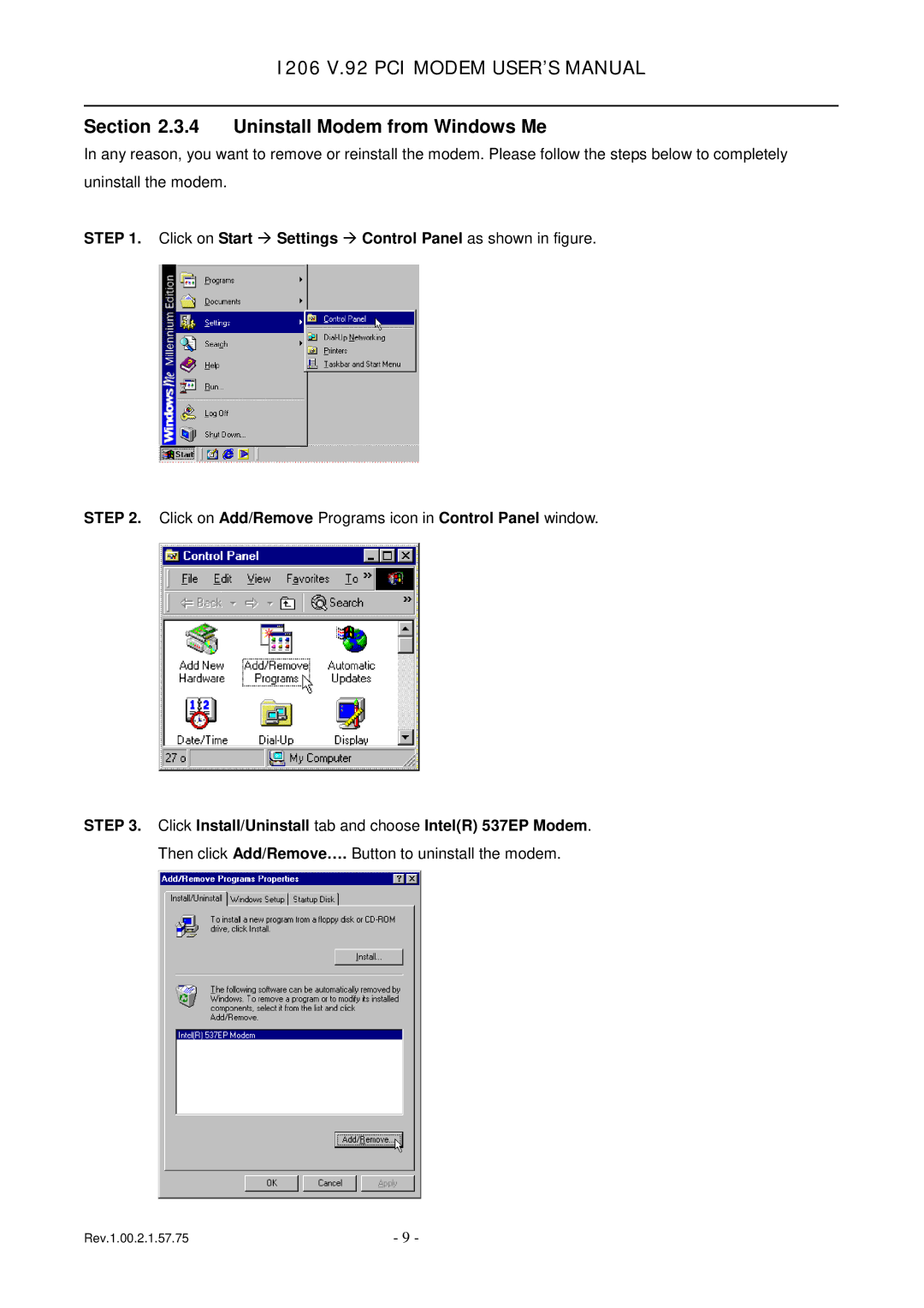 TRENDnet 1206, v.92 PCI MODEM user manual Uninstall Modem from Windows Me 