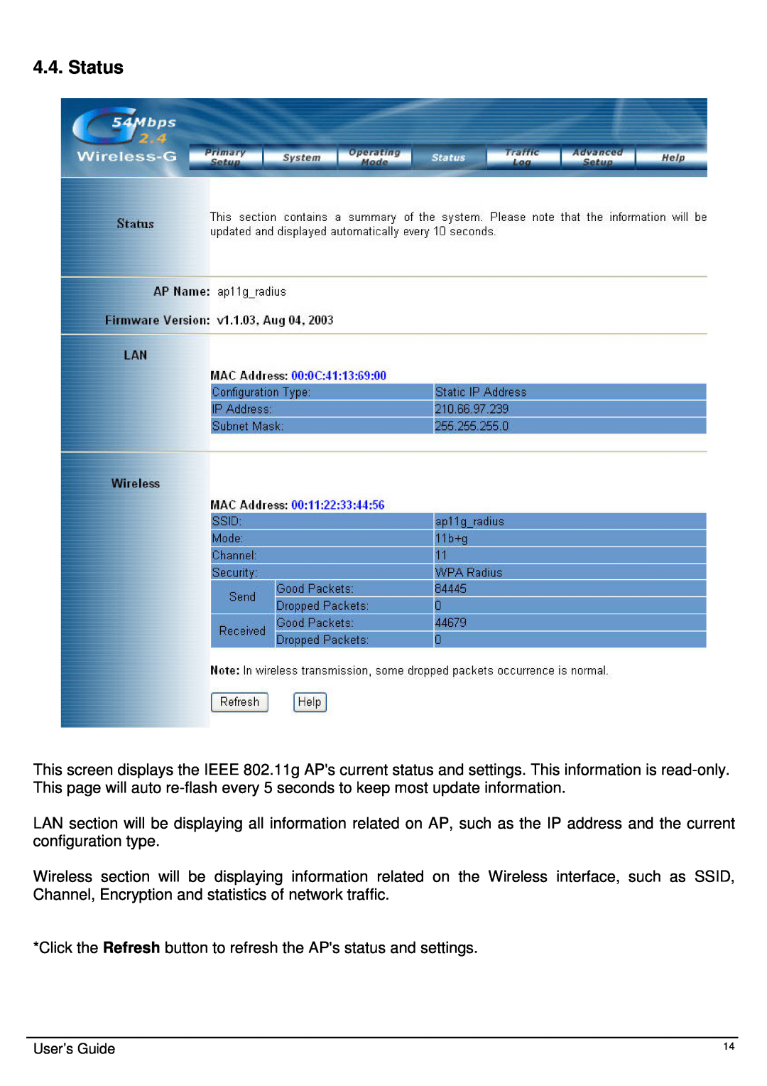 TRENDnet TEW-410APB, Wireless 802.11g AP user manual Status 