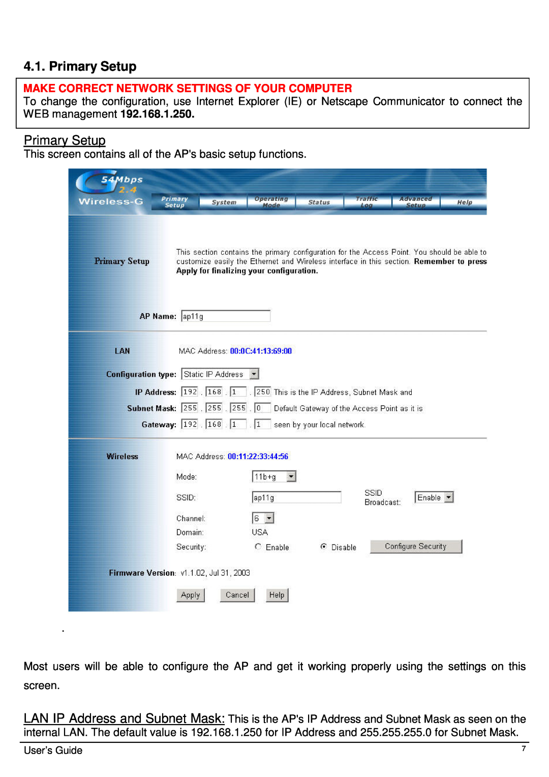 TRENDnet Wireless 802.11g AP, TEW-410APB user manual Primary Setup, Make Correct Network Settings Of Your Computer 