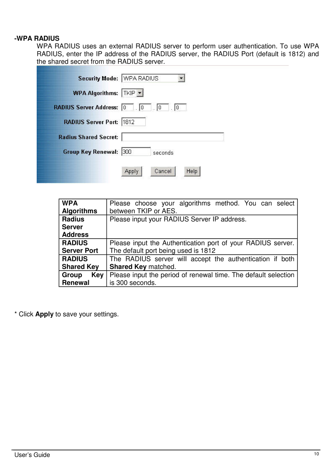 TRENDnet TEW-410APB Please choose your algorithms method. You can select, Server Port Default port being used is 