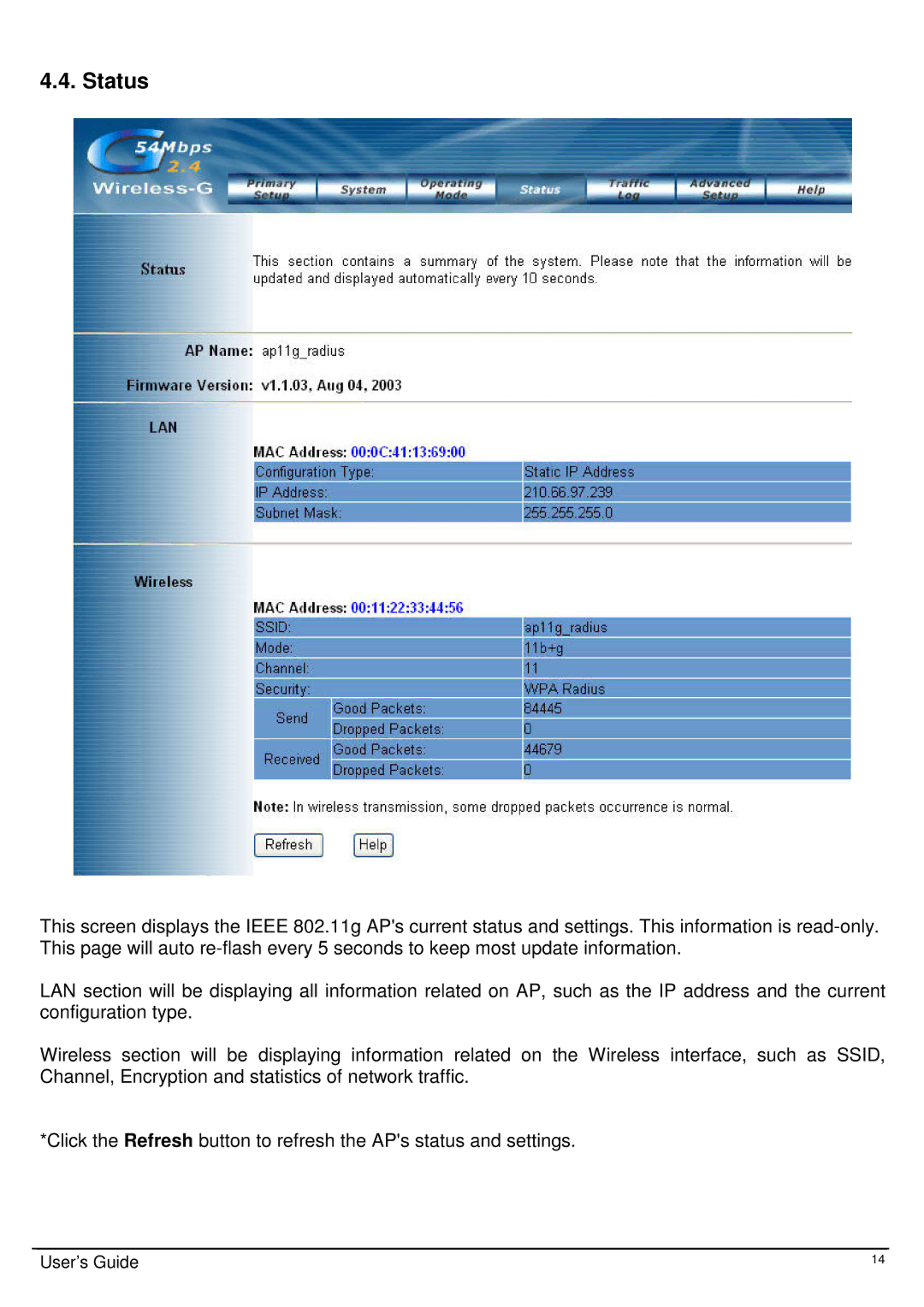 TRENDnet TEW-410APB, Wireless 802.11g AP user manual Status 