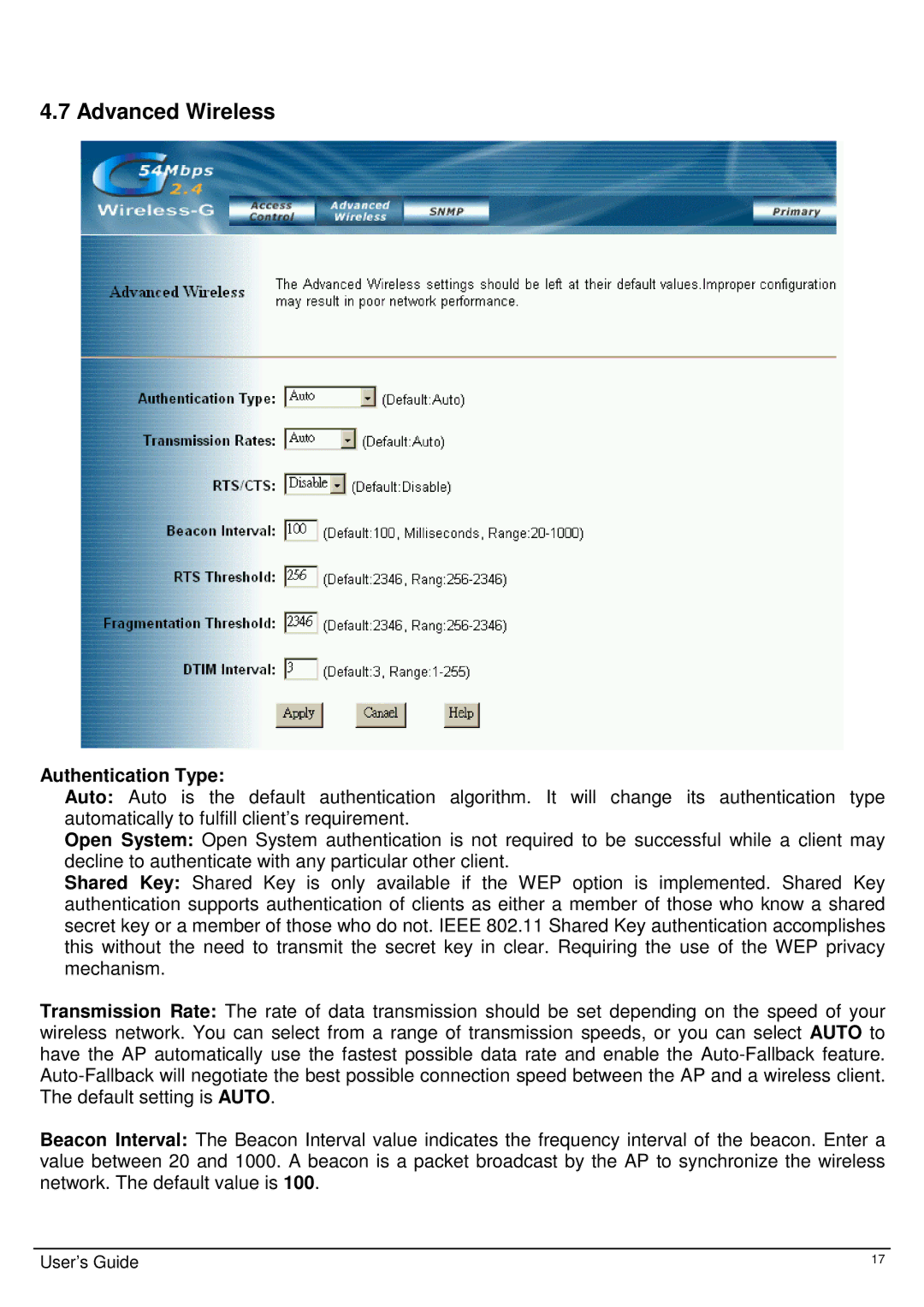 TRENDnet Wireless 802.11g AP, TEW-410APB user manual Advanced Wireless, Authentication Type 