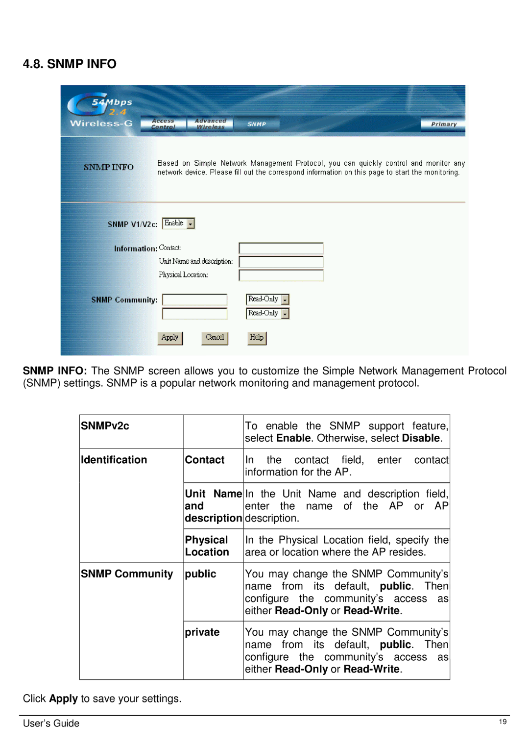 TRENDnet Wireless 802.11g AP, TEW-410APB SNMPv2c, Identification Contact, Unit Name, Description, Physical, Location 