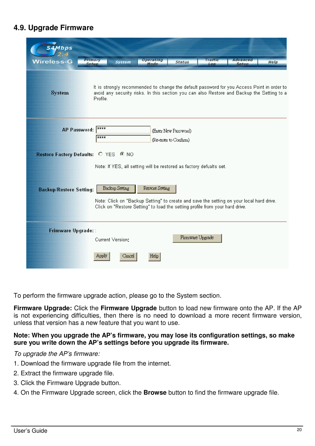 TRENDnet TEW-410APB, Wireless 802.11g AP user manual Upgrade Firmware, To upgrade the AP’s firmware 