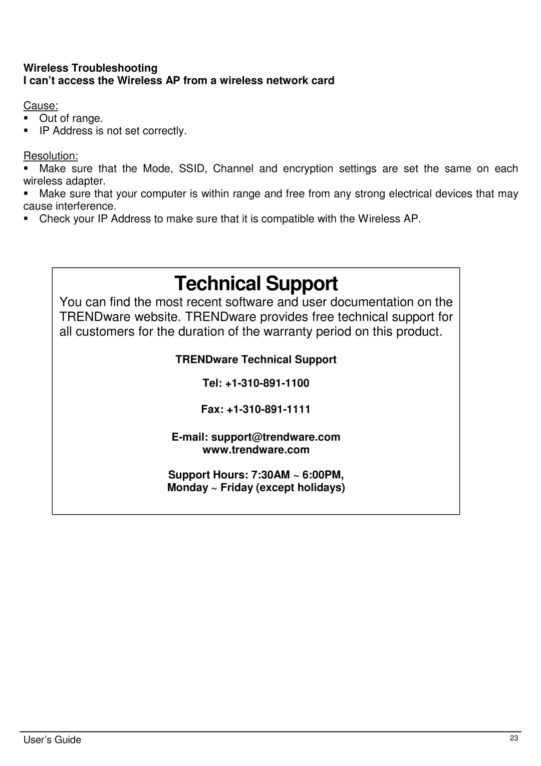 TRENDnet Wireless 802.11g AP, TEW-410APB user manual Technical Support 