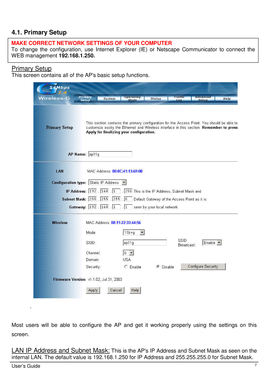 TRENDnet Wireless 802.11g AP, TEW-410APB user manual Primary Setup, Make Correct Network Settings of Your Computer 