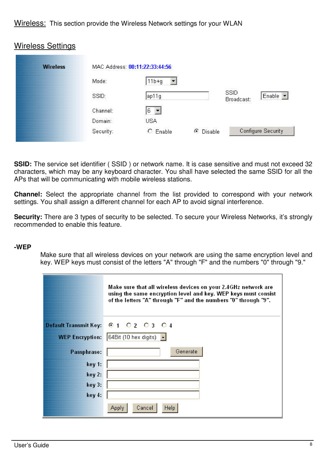 TRENDnet TEW-410APB, Wireless 802.11g AP user manual Wireless Settings 