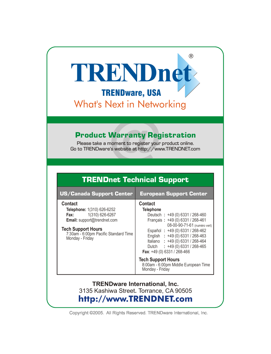 TRENDnet Wireless Access Point manual US/Canada Support Center, European Support Center, TRENDnet, Whats Next in Networking 