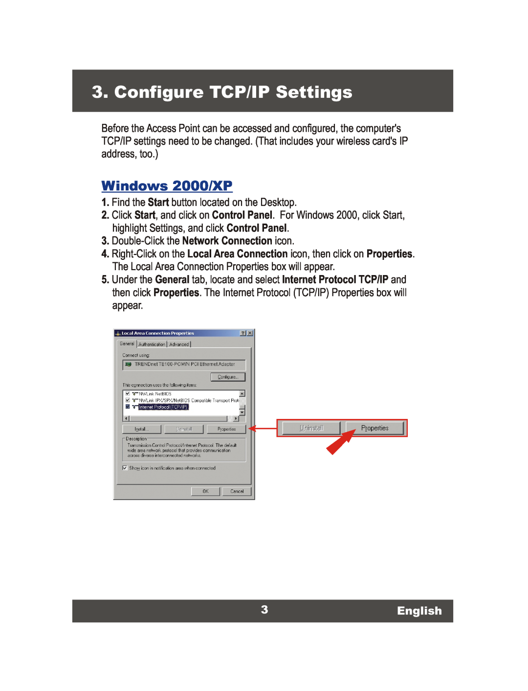 TRENDnet TEW-610APB, Wireless Access Point manual Configure TCP/IP Settings, Windows 2000/XP, 3English 