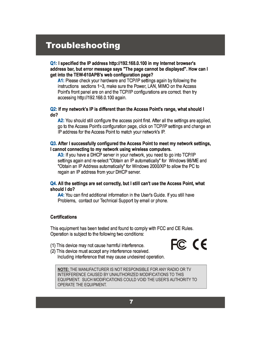 TRENDnet TEW-610APB, Wireless Access Point manual Troubleshooting 