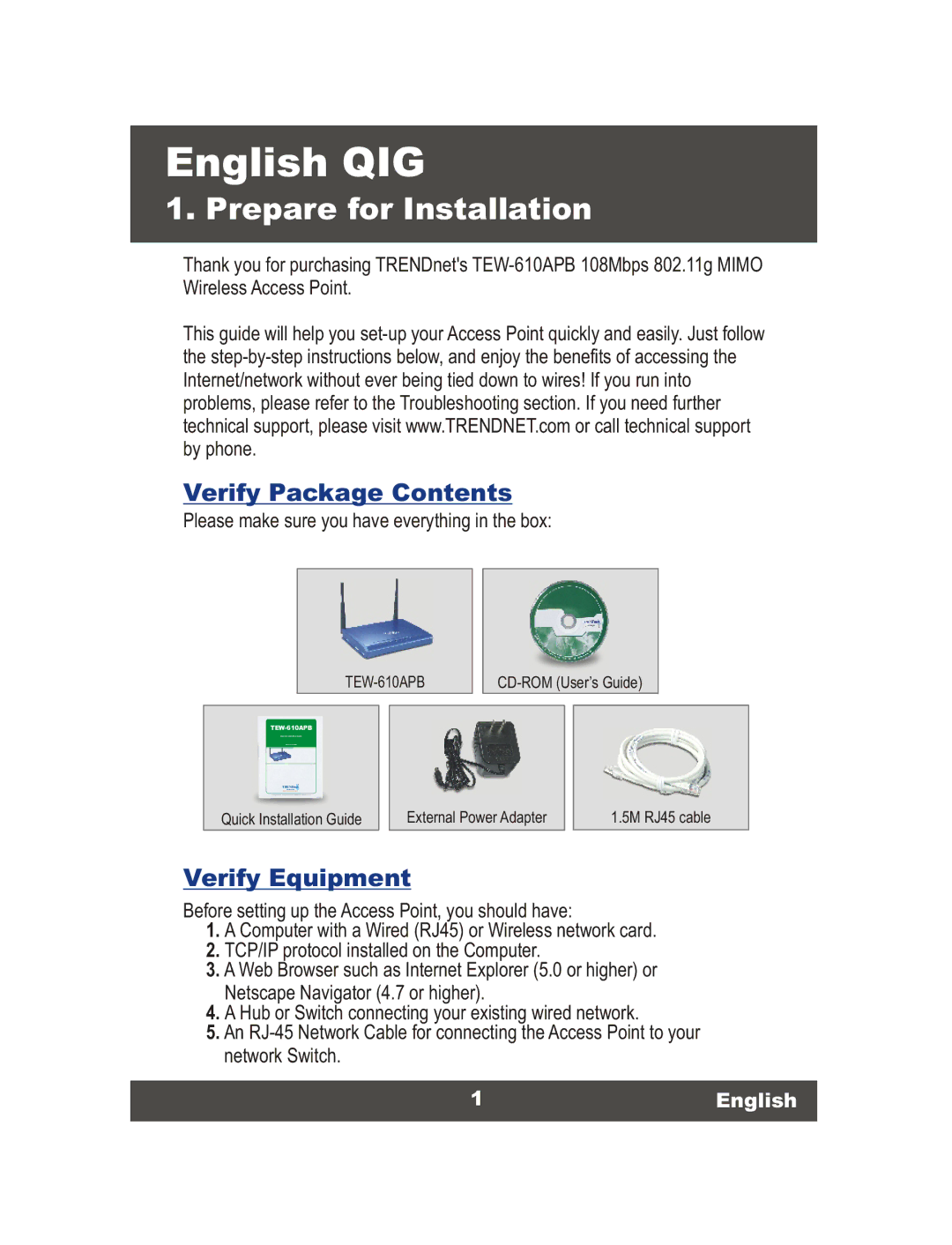 TRENDnet TEW-610APB, Wireless Access Point manual Prepare for Installation, Verify Package Contents, Verify Equipment 