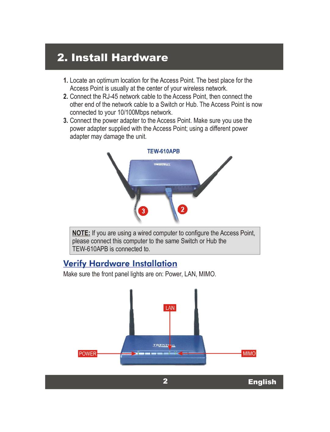 TRENDnet Wireless Access Point, TEW-610APB manual Install Hardware 