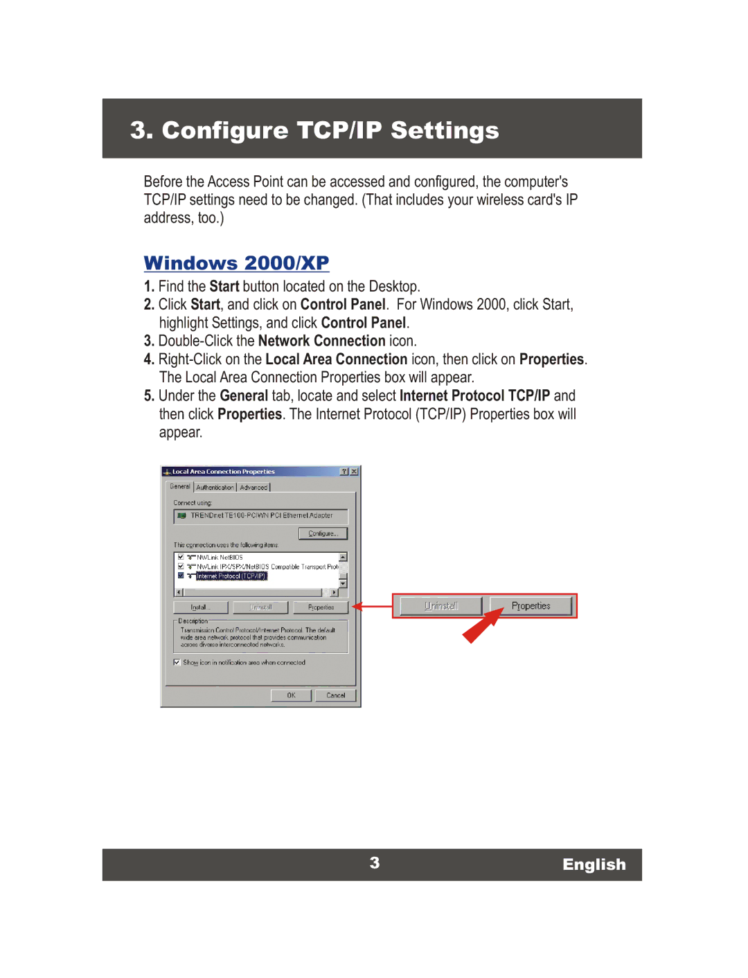 TRENDnet TEW-610APB, Wireless Access Point manual Configure TCP/IP Settings, Windows 2000/XP 