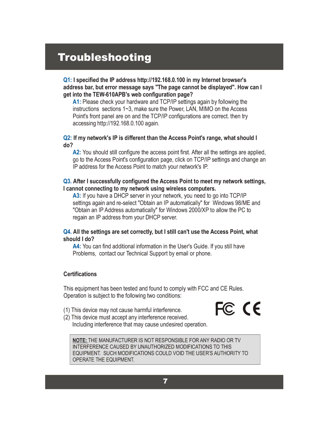 TRENDnet TEW-610APB, Wireless Access Point manual Troubleshooting, Certifications 