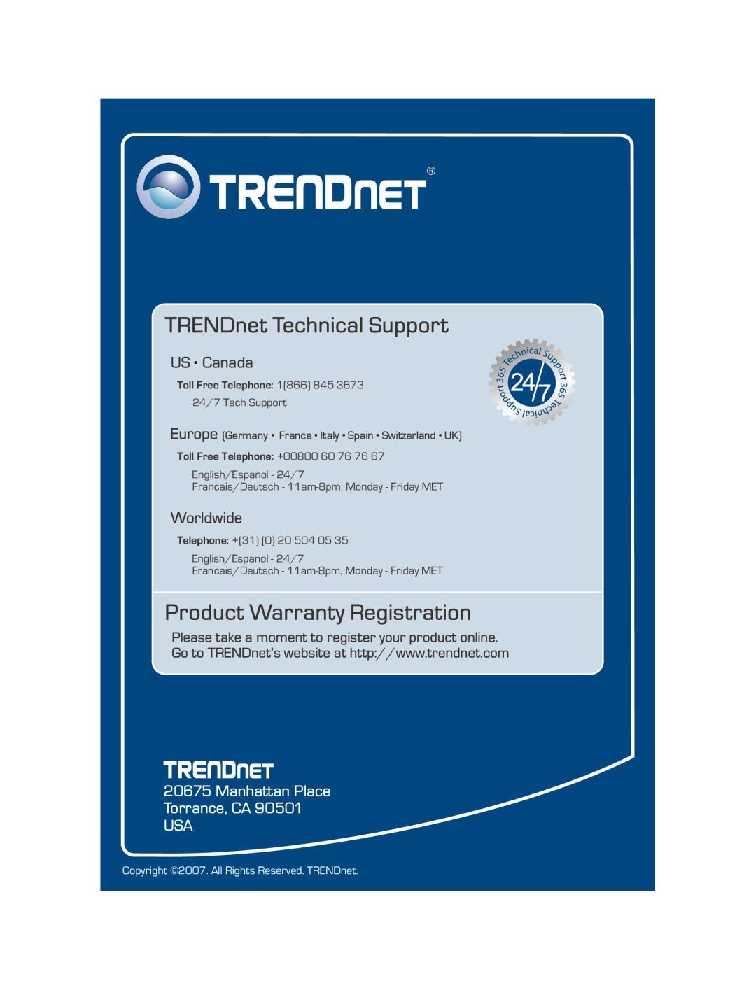 TRENDnet Wireless Access Point manual TRENDnet Technical Support, Product Warranty Registration, US . Canada, Worldwide 