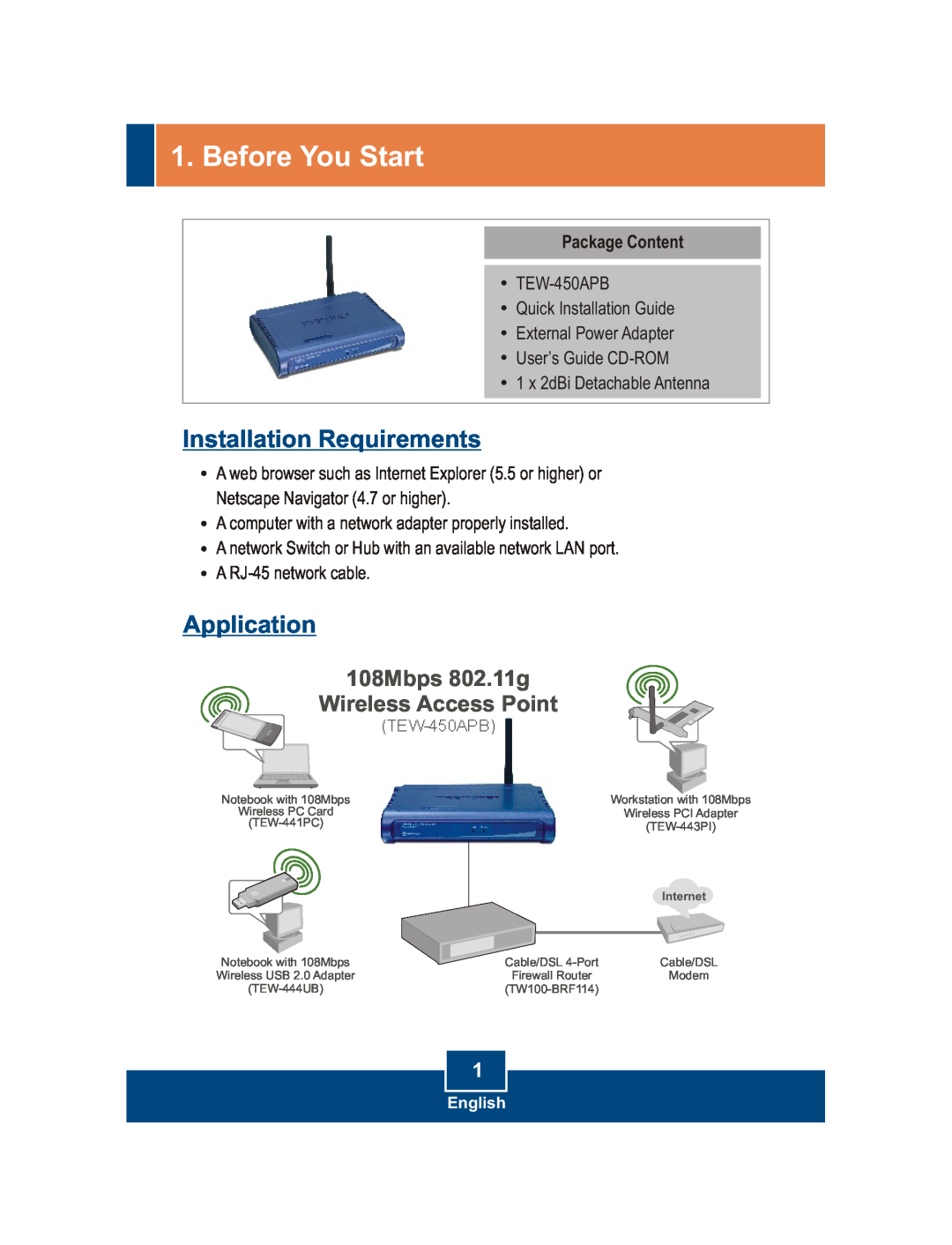 TRENDnet Wireless Access Point manual Before You Start, Installation Requirements, Application 