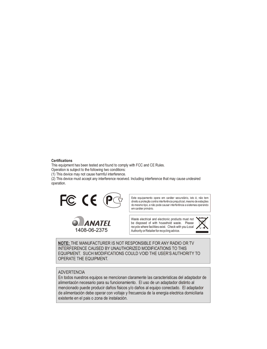 TRENDnet Wireless Access Point manual Advertencia 