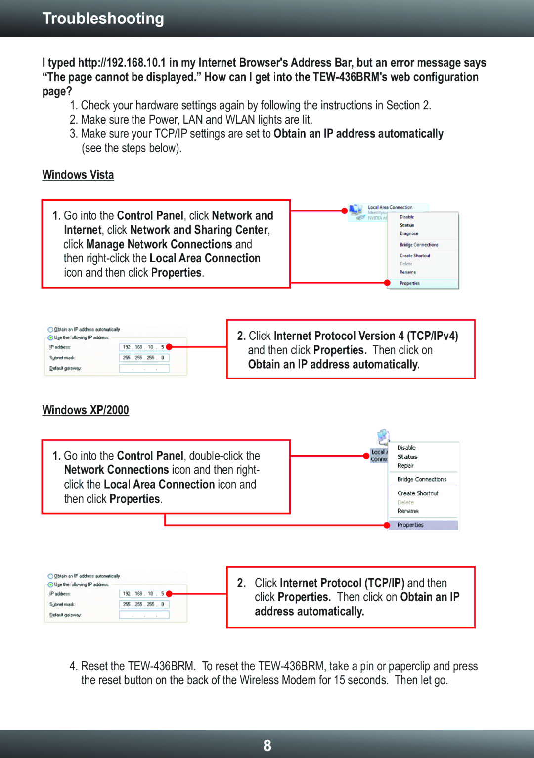 TRENDnet TEW-436BRM manual Troubleshooting, Windows Vista, Obtain an IP address automatically Windows XP/2000 