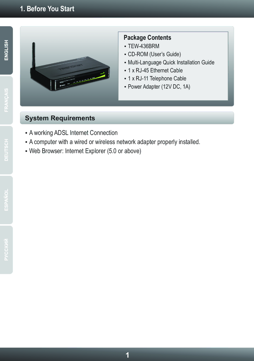 TRENDnet Wireless ADSL Modem Router, TEW-436BRM manual Before You Start, Package Contents 