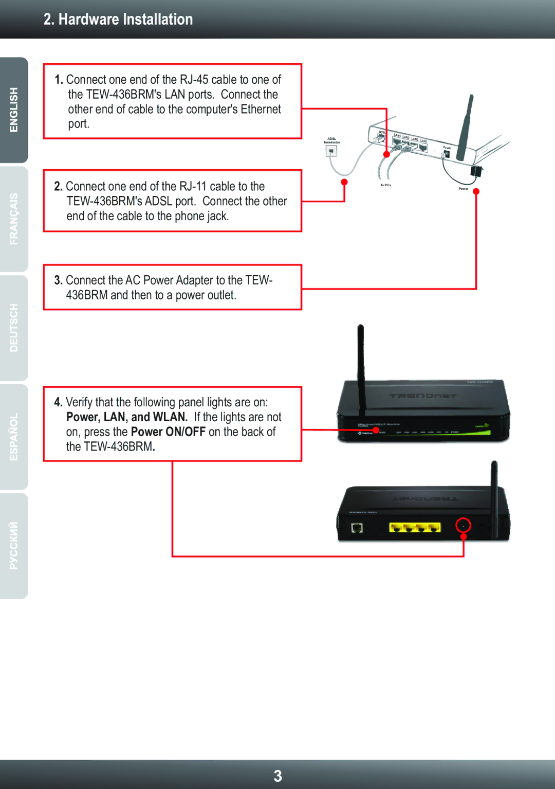 TRENDnet Wireless ADSL Modem Router, TEW-436BRM manual Hardware Installation 