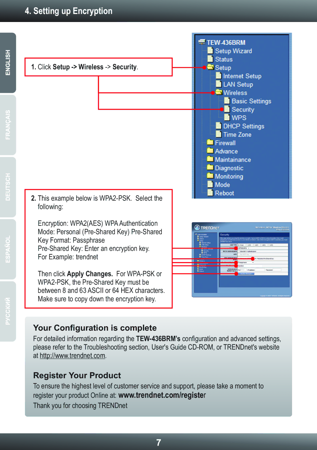 TRENDnet Wireless ADSL Modem Router, TEW-436BRM manual Setting up Encryption, Click Setup Wireless -Security 
