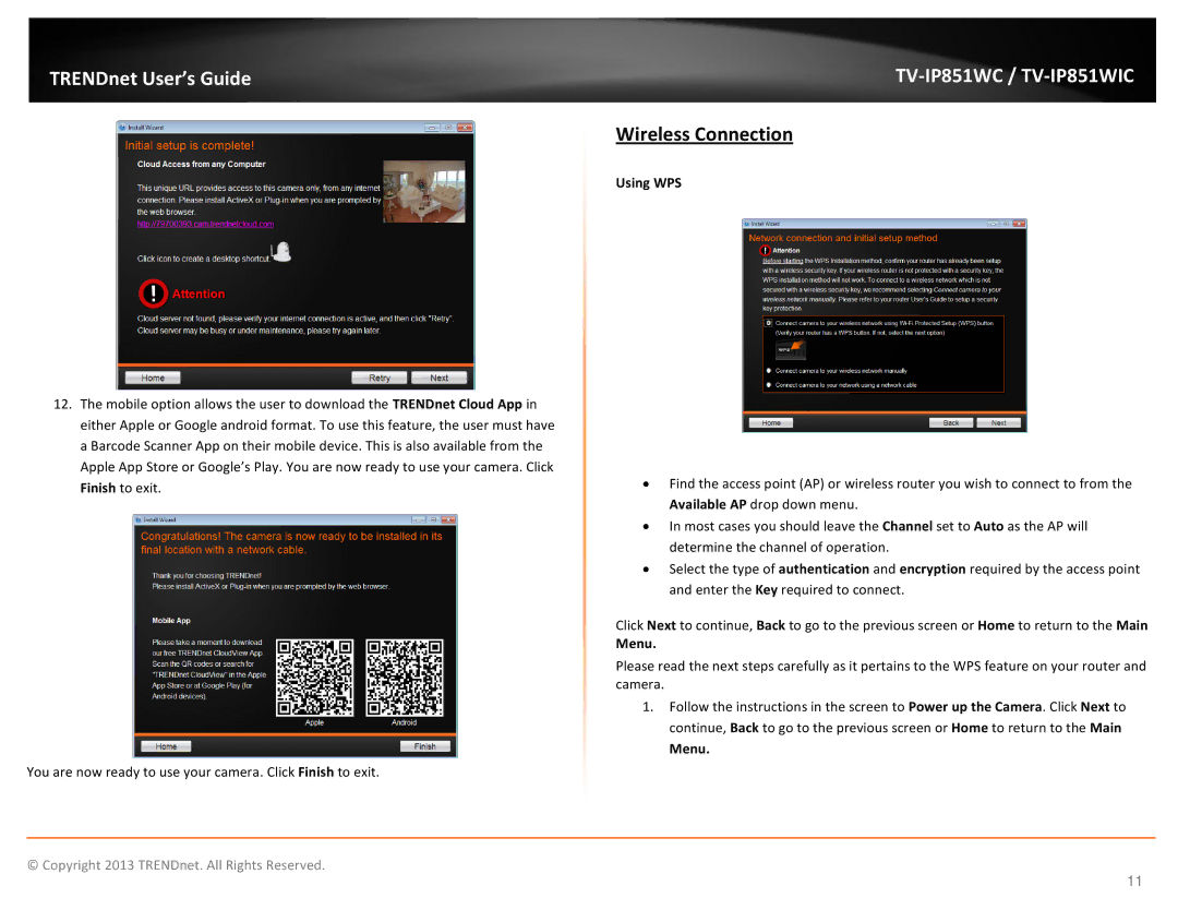 TRENDnet TV-IP851WIC, TV-IP851WC, Wireless PTZ Cloud Camera manual Wireless Connection, Using WPS, Menu 