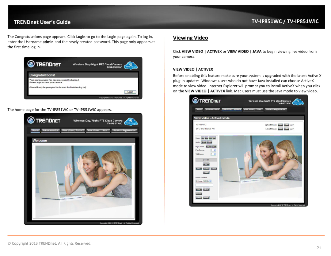 TRENDnet Wireless PTZ Cloud Camera, TV-IP851WC, TV-IP851WIC manual Viewing Video, View Video Activex 