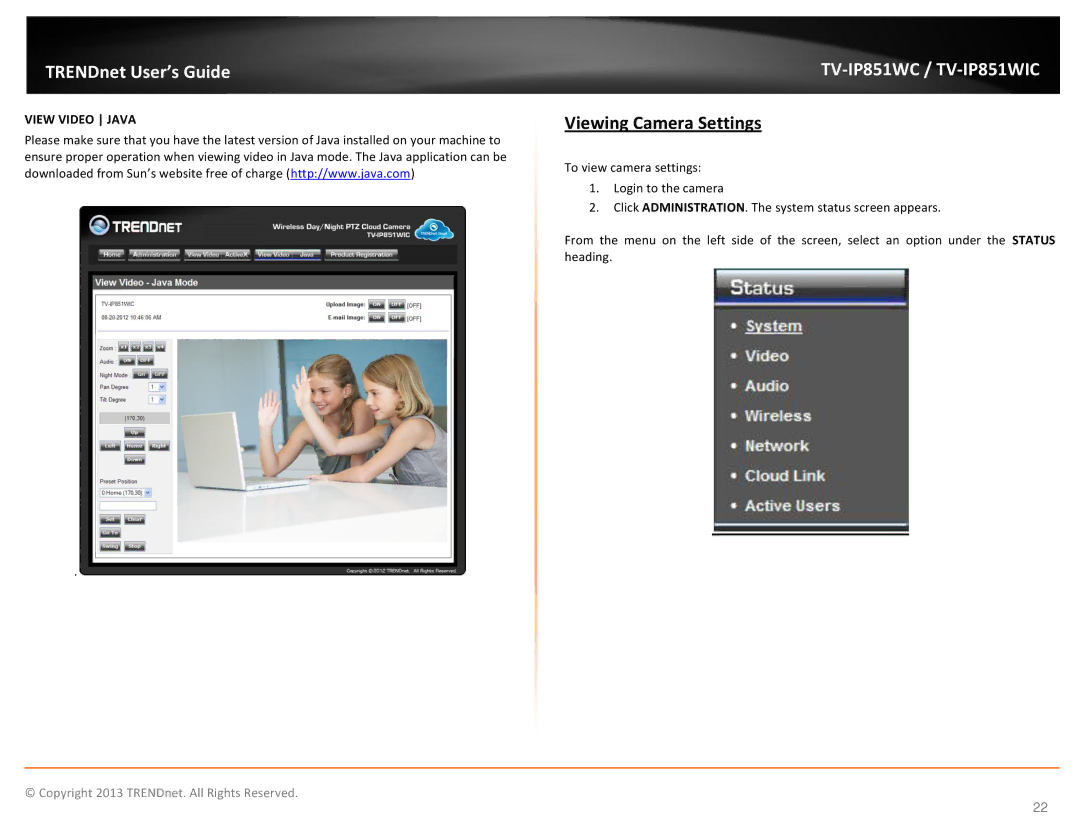 TRENDnet TV-IP851WC, TV-IP851WIC, Wireless PTZ Cloud Camera manual Viewing Camera Settings 