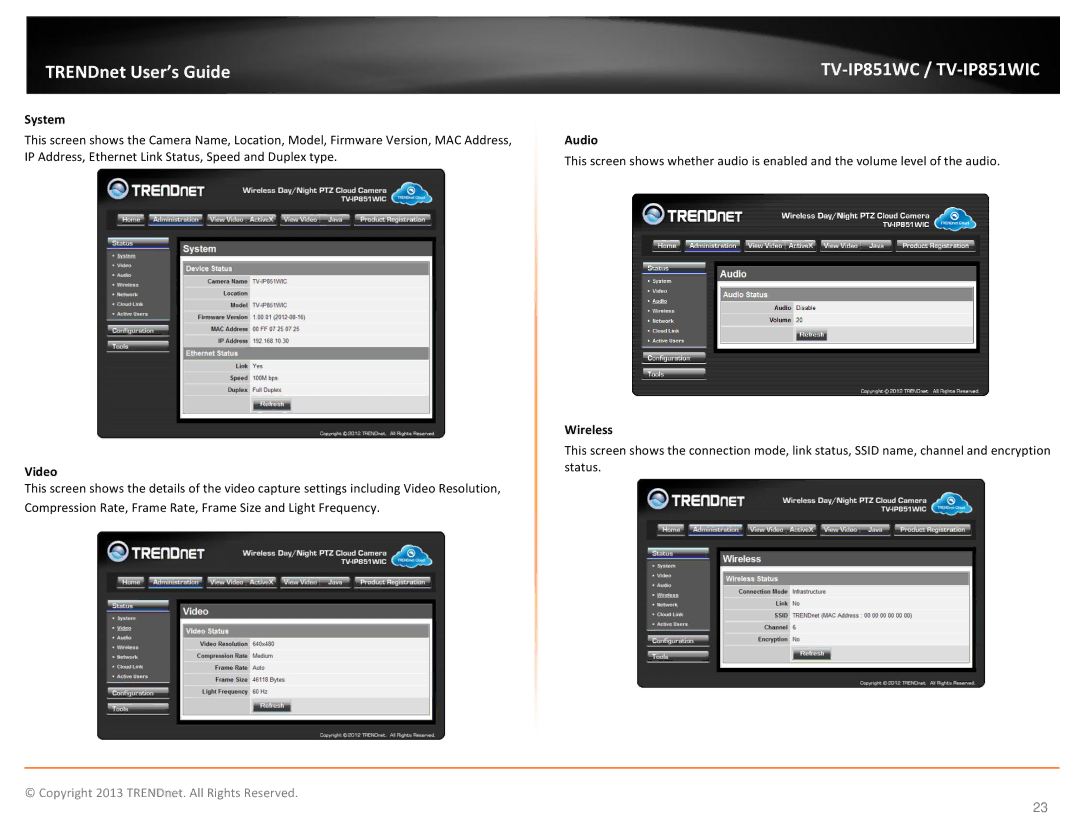 TRENDnet TV-IP851WIC, TV-IP851WC, Wireless PTZ Cloud Camera manual System, Video, Audio 