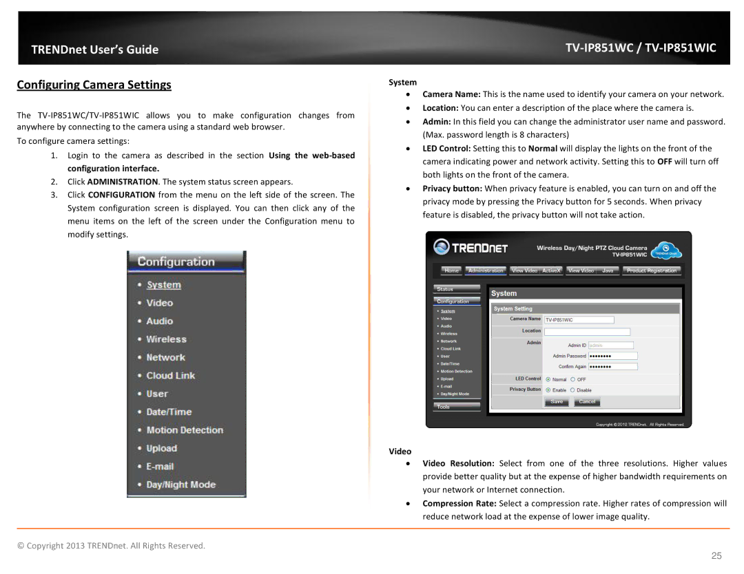 TRENDnet TV-IP851WC, TV-IP851WIC, Wireless PTZ Cloud Camera manual Configuring Camera Settings 