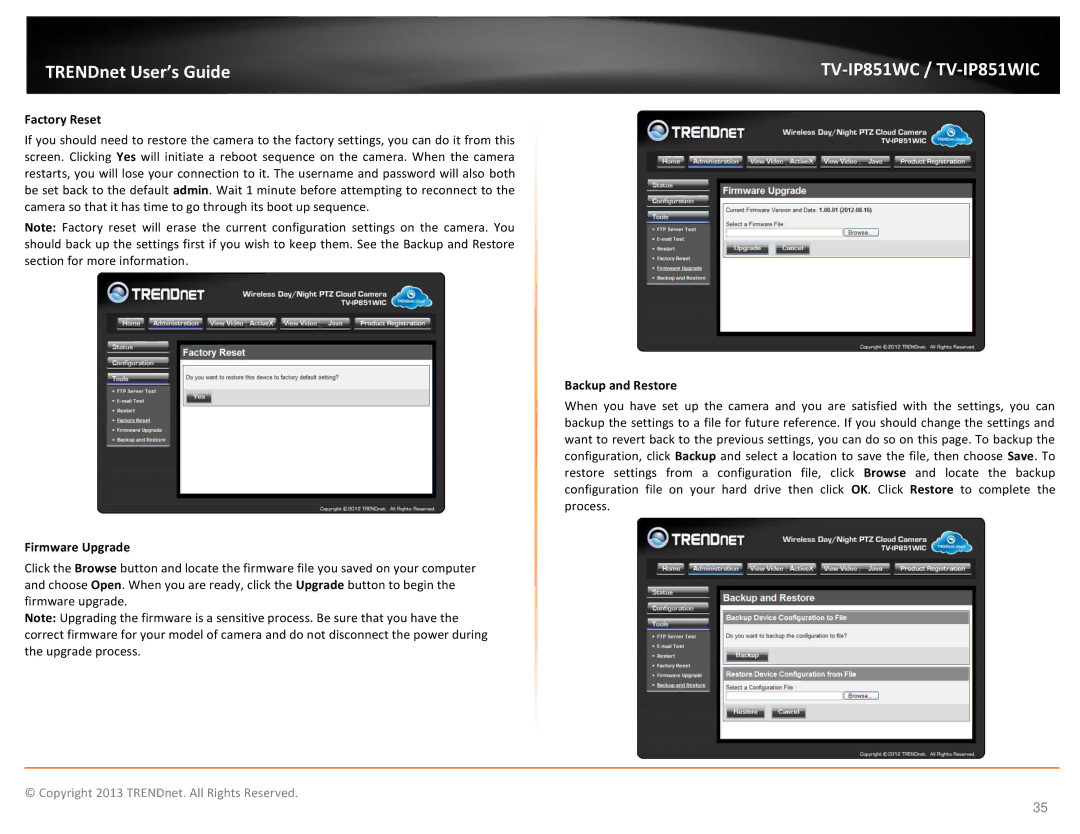 TRENDnet TV-IP851WIC, TV-IP851WC, Wireless PTZ Cloud Camera manual Factory Reset, Firmware Upgrade, Backup and Restore 