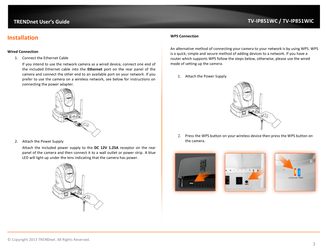 TRENDnet Wireless PTZ Cloud Camera, TV-IP851WC, TV-IP851WIC manual Installation, Wired Connection, WPS Connection 