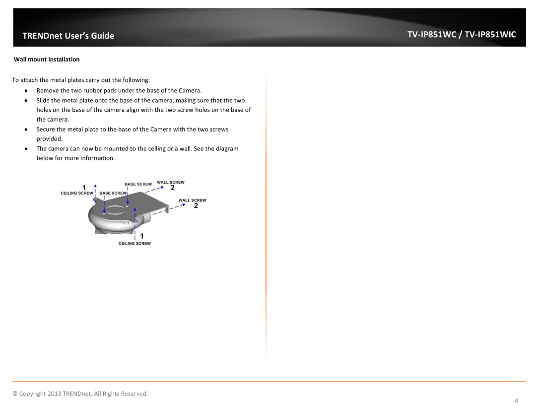 TRENDnet Wireless PTZ Cloud Camera manual TV-IP851WC / TV-IP851WIC, Wall mount installation 