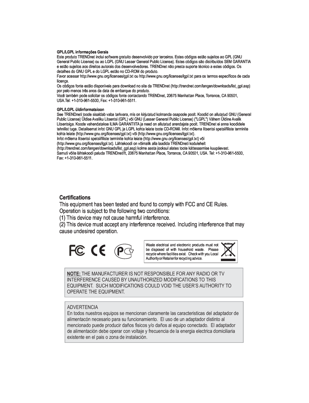 TRENDnet TEW-639GR, Wireless Router manual Certifications 