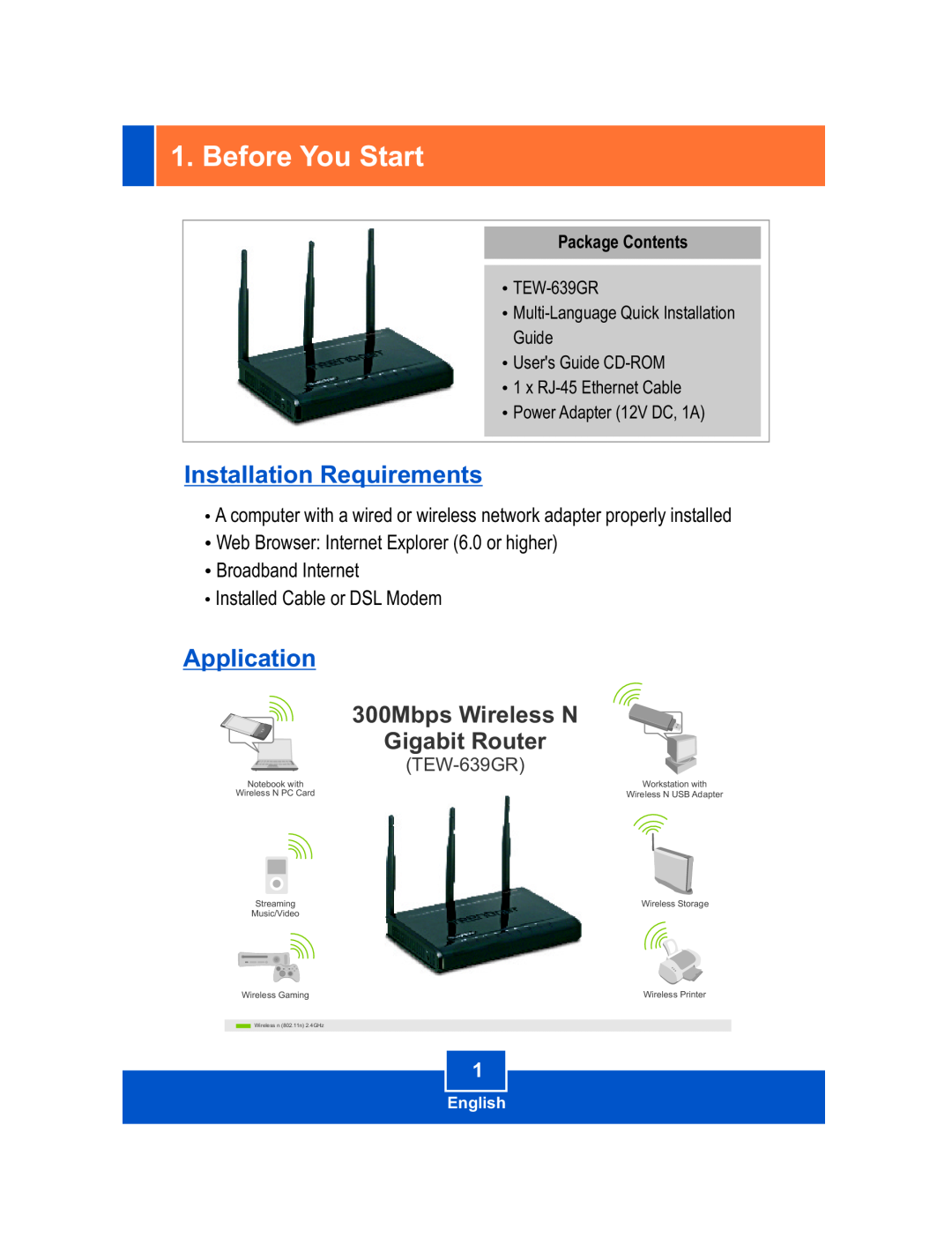 TRENDnet TEW-639GR Before You Start, Installation Requirements, Application, 300Mbps Wireless N, Gigabit Router, English 
